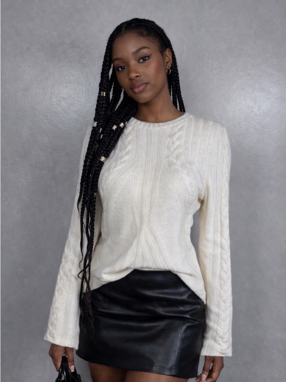 Aqua Sz S White 100% Cashmere Long Belle Sleeve Crew Neck Quiet Luxury Sweater